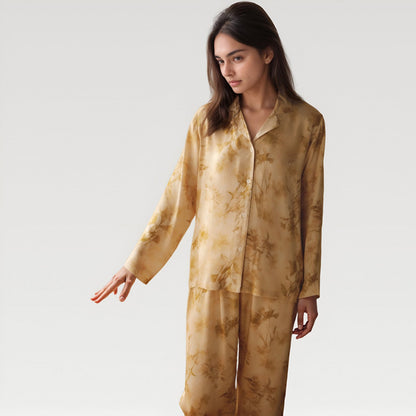 Anna-Kaci Lounge Women's Satin Pajama Set with Golden Botanical Print Long Sleeve Button Up Top and Relaxed Fit Pants