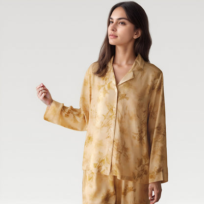 Anna-Kaci Lounge Women's Satin Pajama Set with Golden Botanical Print Long Sleeve Button Up Top and Relaxed Fit Pants