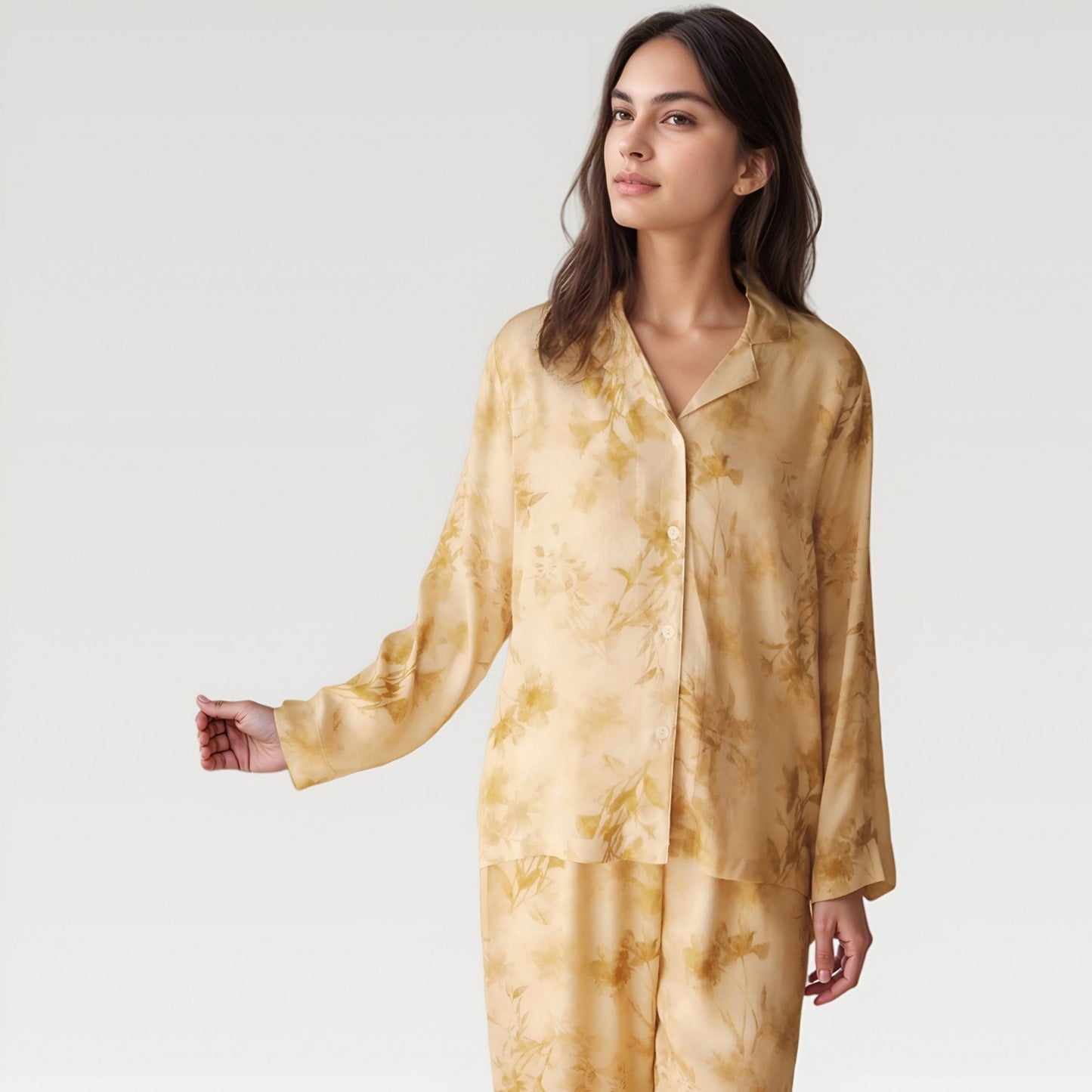 Anna-Kaci Lounge Women's Satin Pajama Set with Golden Botanical Print Long Sleeve Button Up Top and Relaxed Fit Pants