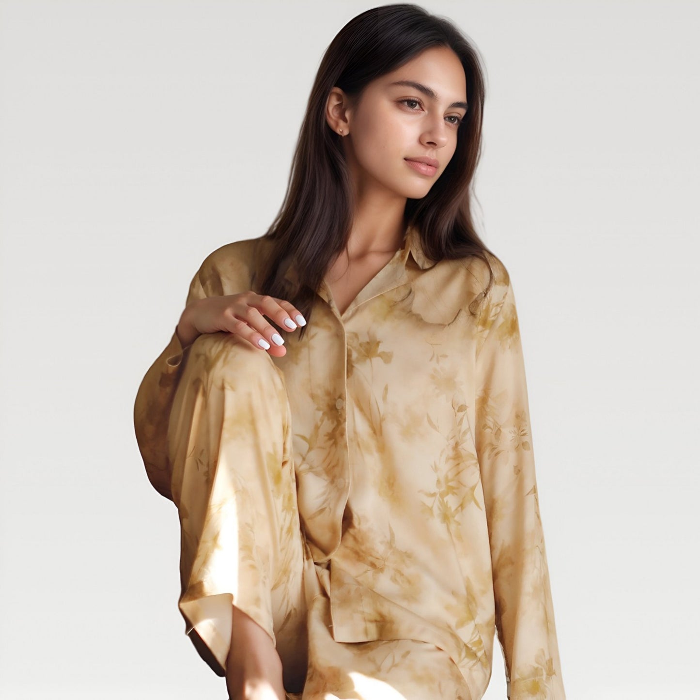 Anna-Kaci Lounge Women's Satin Pajama Set with Golden Botanical Print Long Sleeve Button Up Top and Relaxed Fit Pants