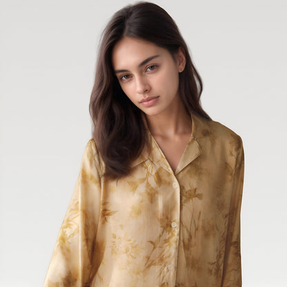 Anna-Kaci Lounge Women's Satin Pajama Set with Golden Botanical Print Long Sleeve Button Up Top and Relaxed Fit Pants