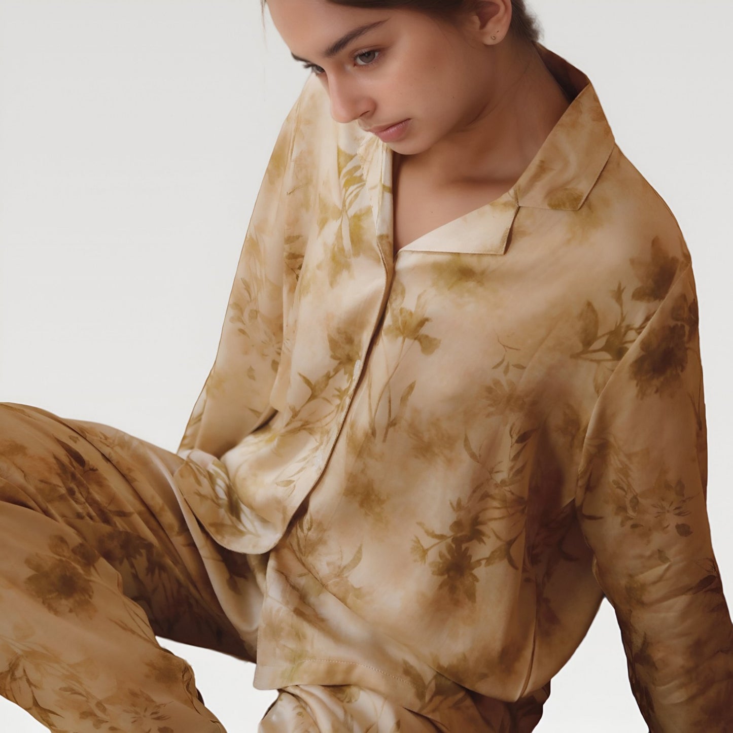 Anna-Kaci Lounge Women's Satin Pajama Set with Golden Botanical Print Long Sleeve Button Up Top and Relaxed Fit Pants