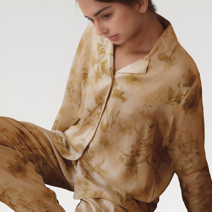 Anna-Kaci Lounge Women's Satin Pajama Set with Golden Botanical Print Long Sleeve Button Up Top and Relaxed Fit Pants