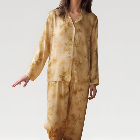 Anna-Kaci Lounge Women's Satin Pajama Set with Golden Botanical Print Long Sleeve Button Up Top and Relaxed Fit Pants