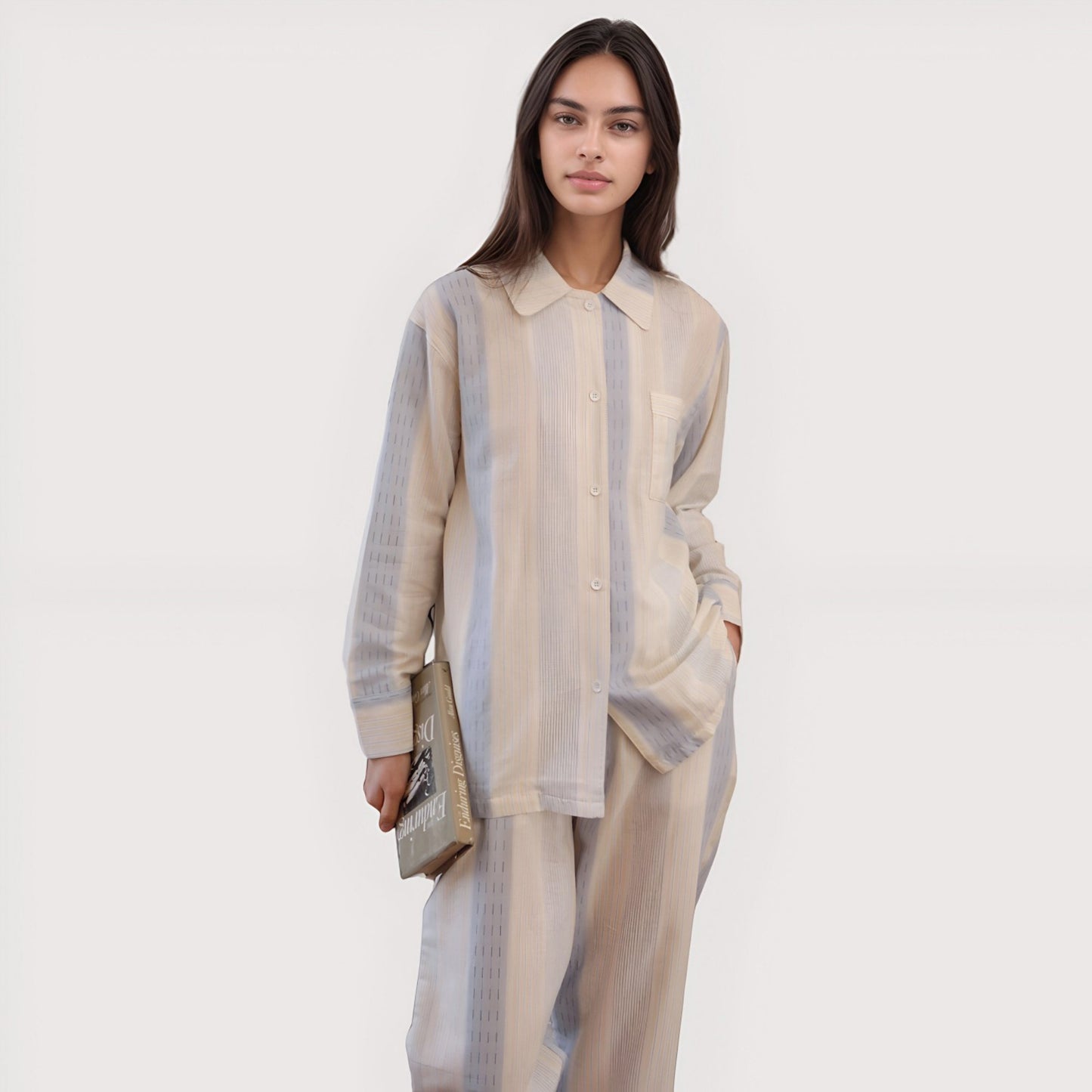 Anna-Kaci Lounge Women's Striped Woven Pajama Set with Collared Long Sleeve Top and Cuffed Wide Leg Pants