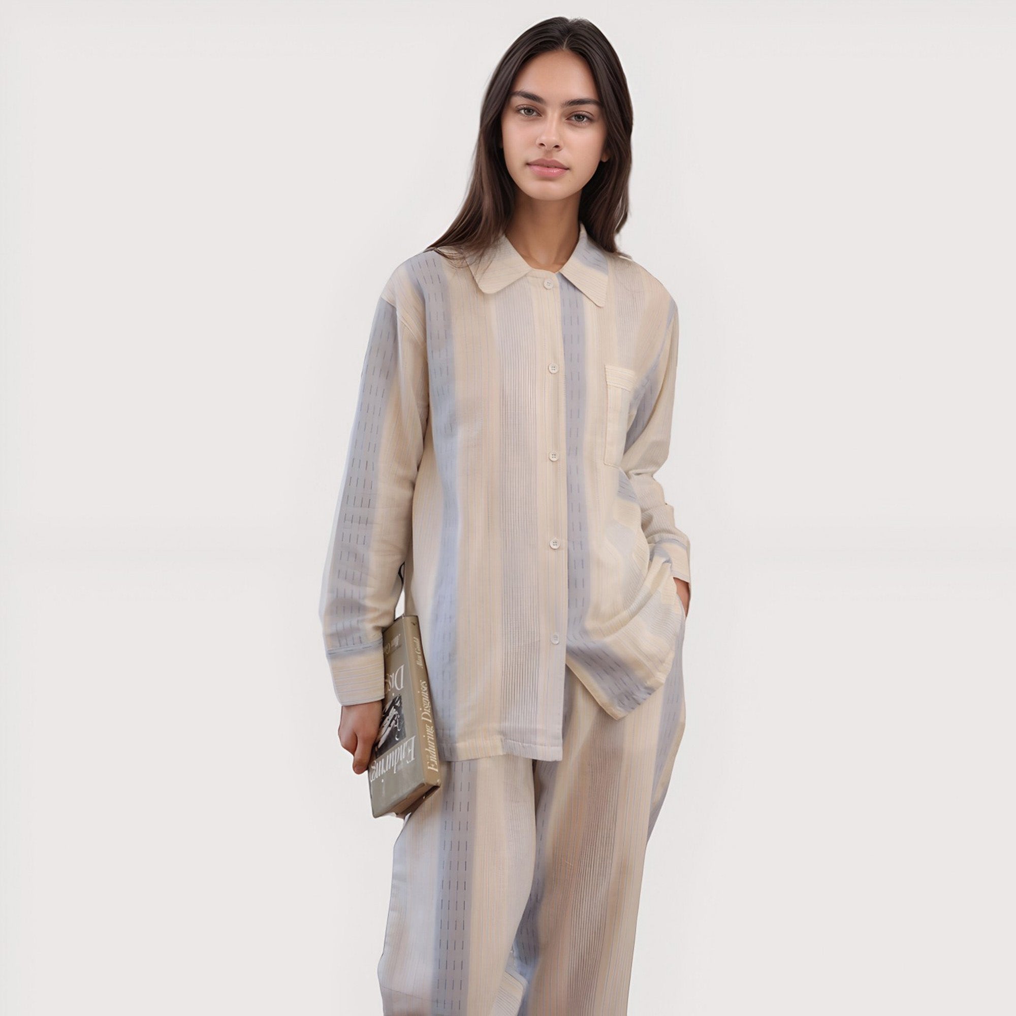 Anna-Kaci Lounge Women's Striped Woven Pajama Set with Collared Long Sleeve Top and Cuffed Wide Leg Pants