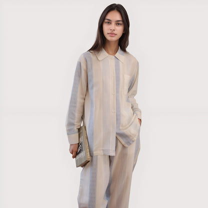 Anna-Kaci Lounge Women's Striped Woven Pajama Set with Collared Long Sleeve Top and Cuffed Wide Leg Pants