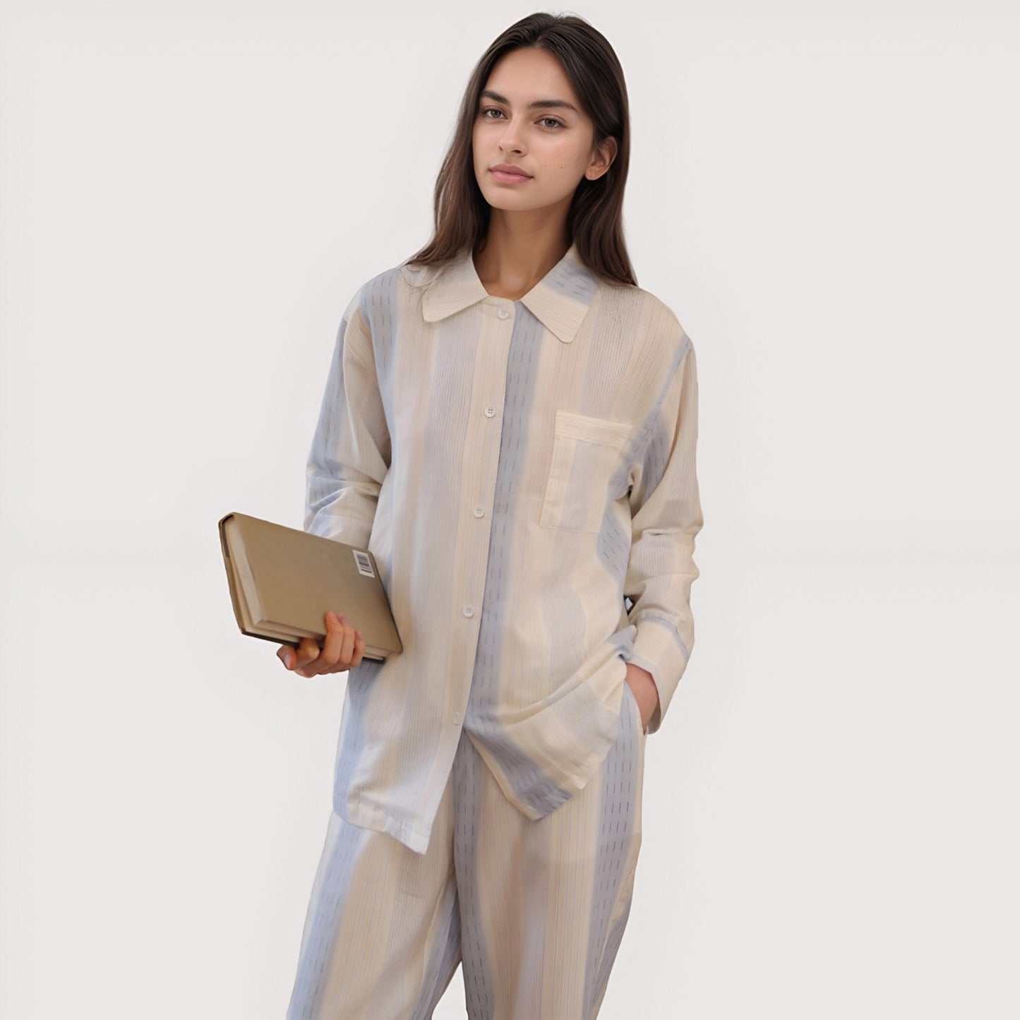 Anna-Kaci Lounge Women's Striped Woven Pajama Set with Collared Long Sleeve Top and Cuffed Wide Leg Pants