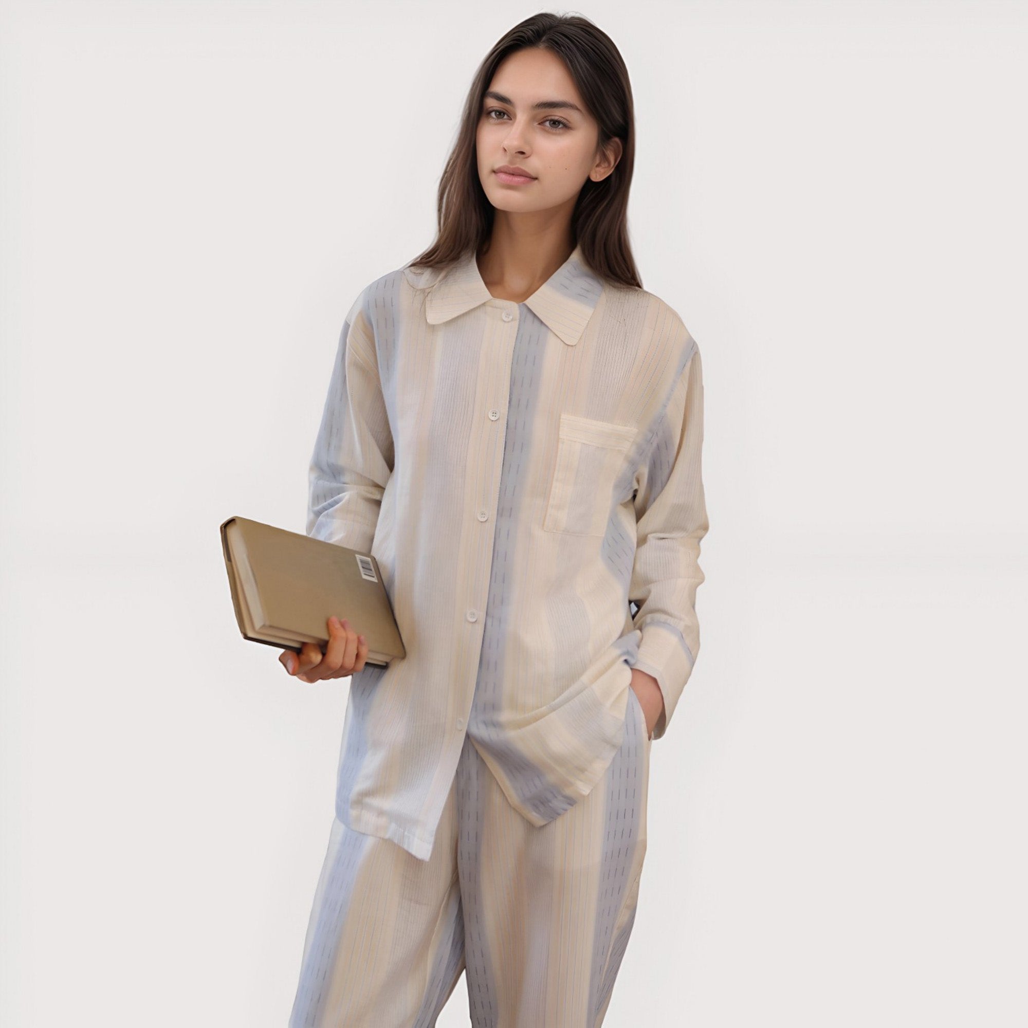 Anna-Kaci Lounge Women's Striped Woven Pajama Set with Collared Long Sleeve Top and Cuffed Wide Leg Pants