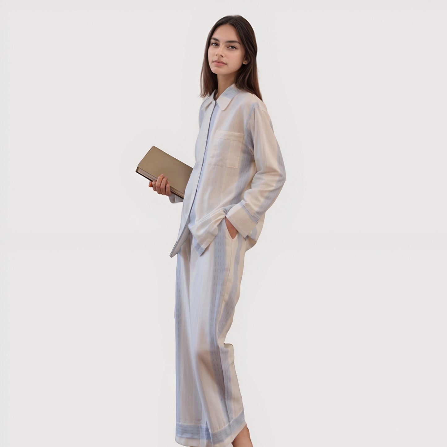 Anna-Kaci Lounge Women's Striped Woven Pajama Set with Collared Long Sleeve Top and Cuffed Wide Leg Pants