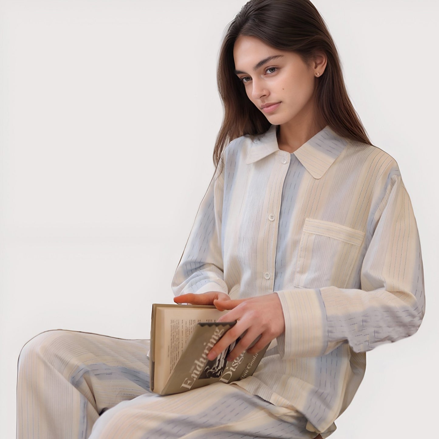 Anna-Kaci Lounge Women's Striped Woven Pajama Set with Collared Long Sleeve Top and Cuffed Wide Leg Pants