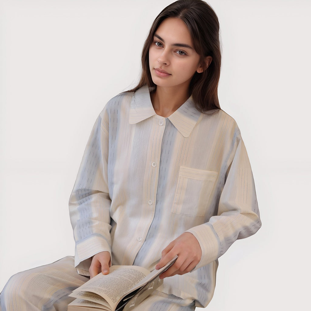 Anna-Kaci Lounge Women's Striped Woven Pajama Set with Collared Long Sleeve Top and Cuffed Wide Leg Pants