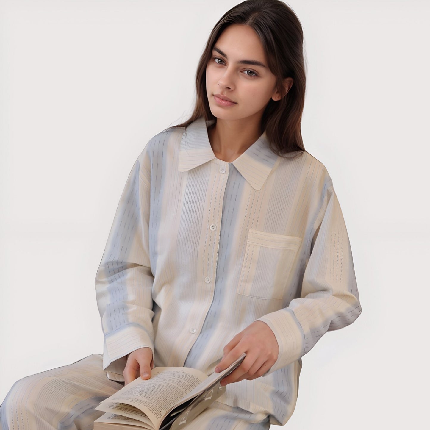 Anna-Kaci Lounge Women's Striped Woven Pajama Set with Collared Long Sleeve Top and Cuffed Wide Leg Pants