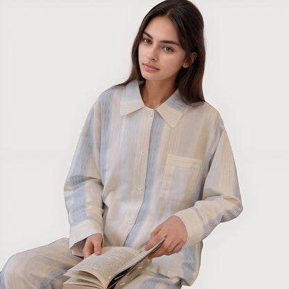 Anna-Kaci Lounge Women's Striped Woven Pajama Set with Collared Long Sleeve Top and Cuffed Wide Leg Pants