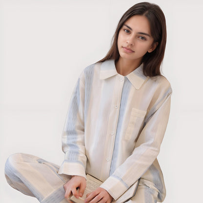 Anna-Kaci Lounge Women's Striped Woven Pajama Set with Collared Long Sleeve Top and Cuffed Wide Leg Pants