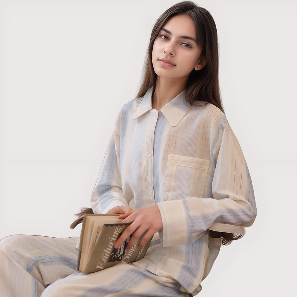 Anna-Kaci Lounge Women's Striped Woven Pajama Set with Collared Long Sleeve Top and Cuffed Wide Leg Pants