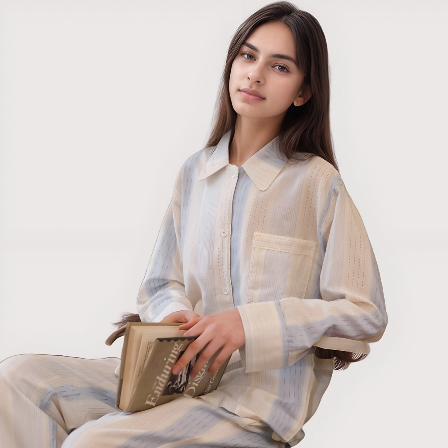 Anna-Kaci Lounge Women's Striped Woven Pajama Set with Collared Long Sleeve Top and Cuffed Wide Leg Pants