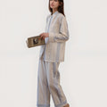 Women's Striped Woven Pajama Set with Collared Long Sleeve Top and Cuffed Wide Leg Pants