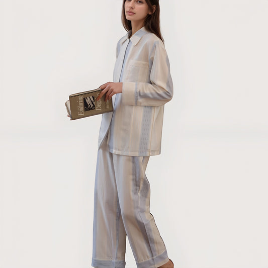 Anna-Kaci Lounge Women's Striped Woven Pajama Set with Collared Long Sleeve Top and Cuffed Wide Leg Pants