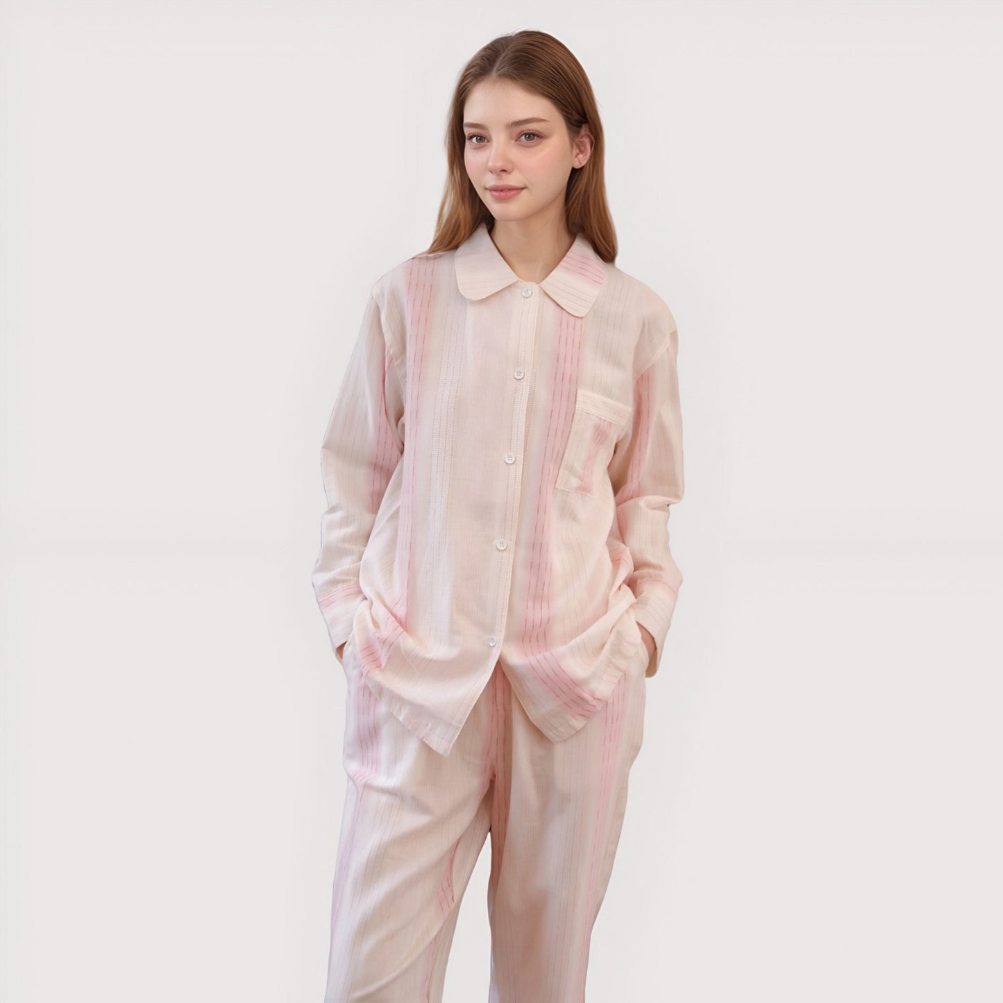 Anna-Kaci Lounge Women's Striped Woven Pajama Set with Collared Long Sleeve Top and Cuffed Wide Leg Pants