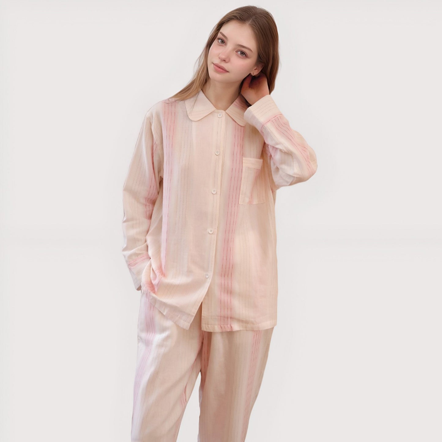 Anna-Kaci Lounge Women's Striped Woven Pajama Set with Collared Long Sleeve Top and Cuffed Wide Leg Pants