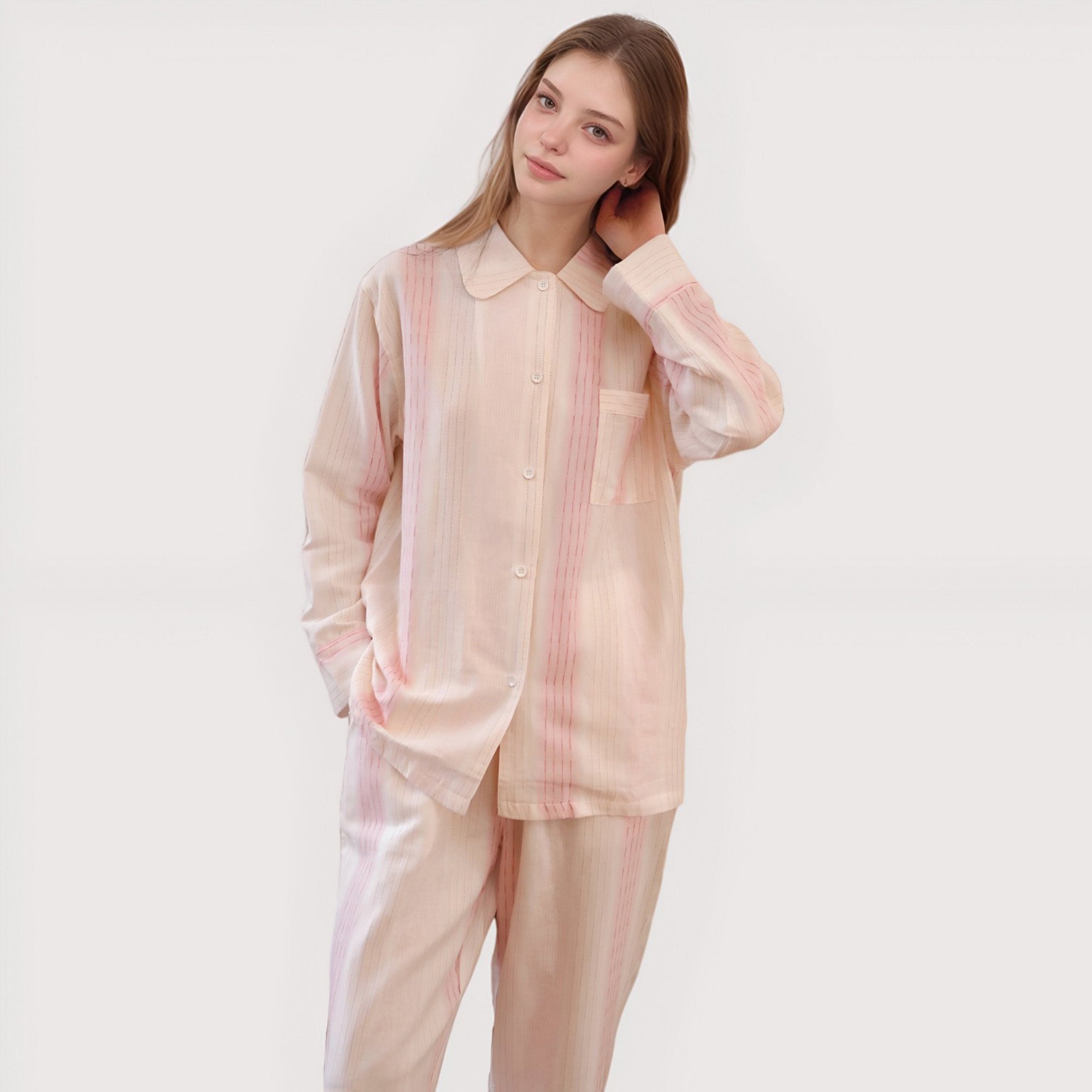 Anna-Kaci Lounge Women's Striped Woven Pajama Set with Collared Long Sleeve Top and Cuffed Wide Leg Pants