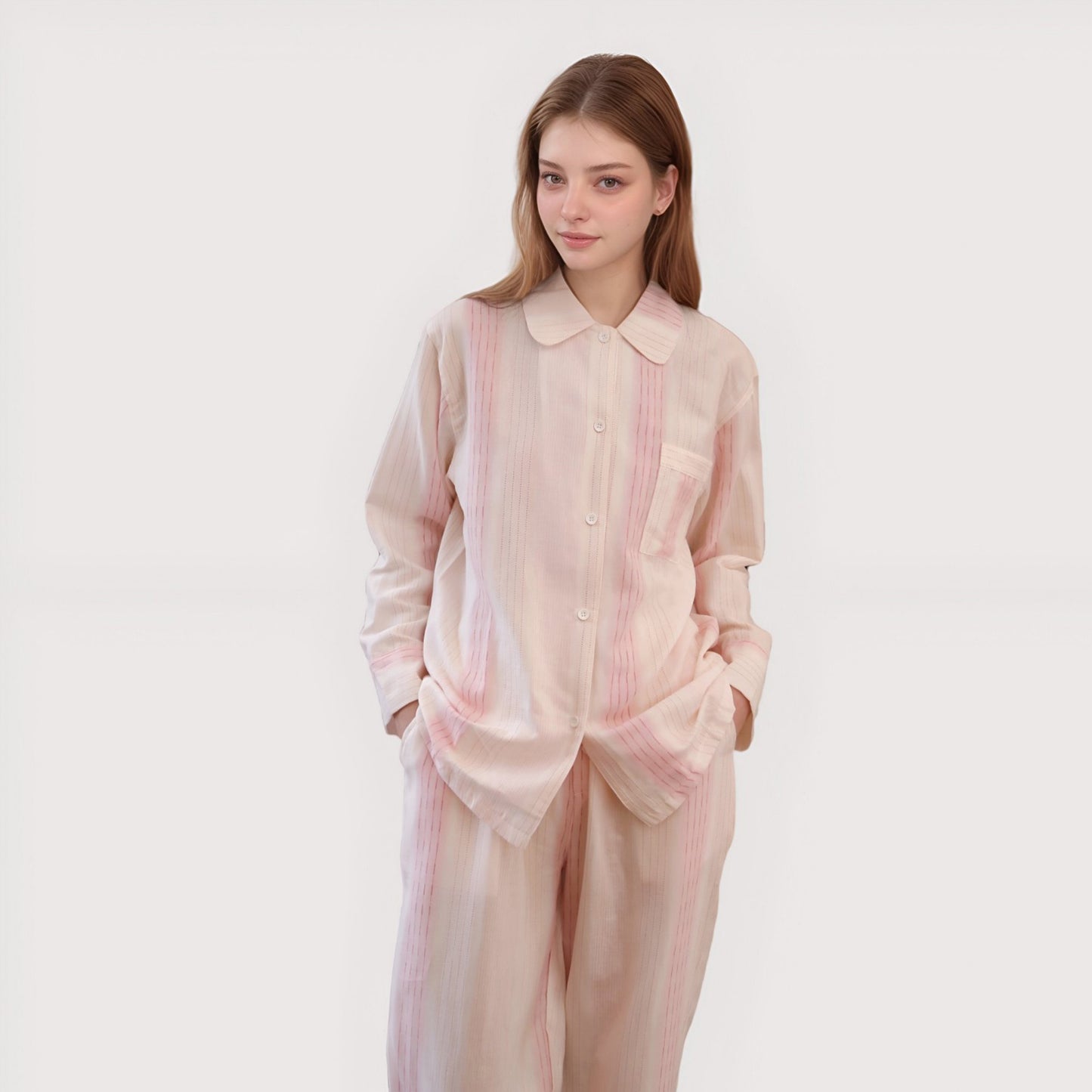 Anna-Kaci Lounge Women's Striped Woven Pajama Set with Collared Long Sleeve Top and Cuffed Wide Leg Pants