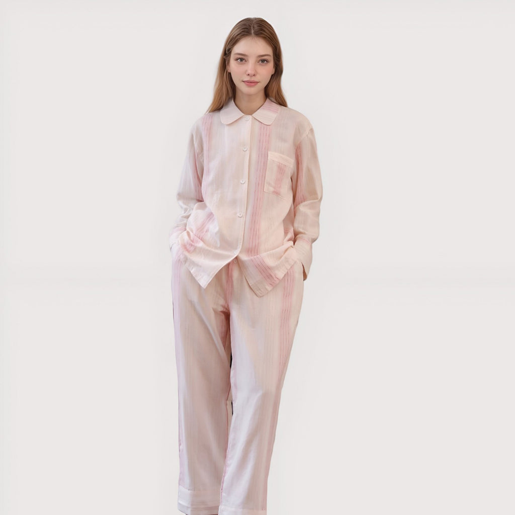 Anna-Kaci Lounge Women's Striped Woven Pajama Set with Collared Long Sleeve Top and Cuffed Wide Leg Pants