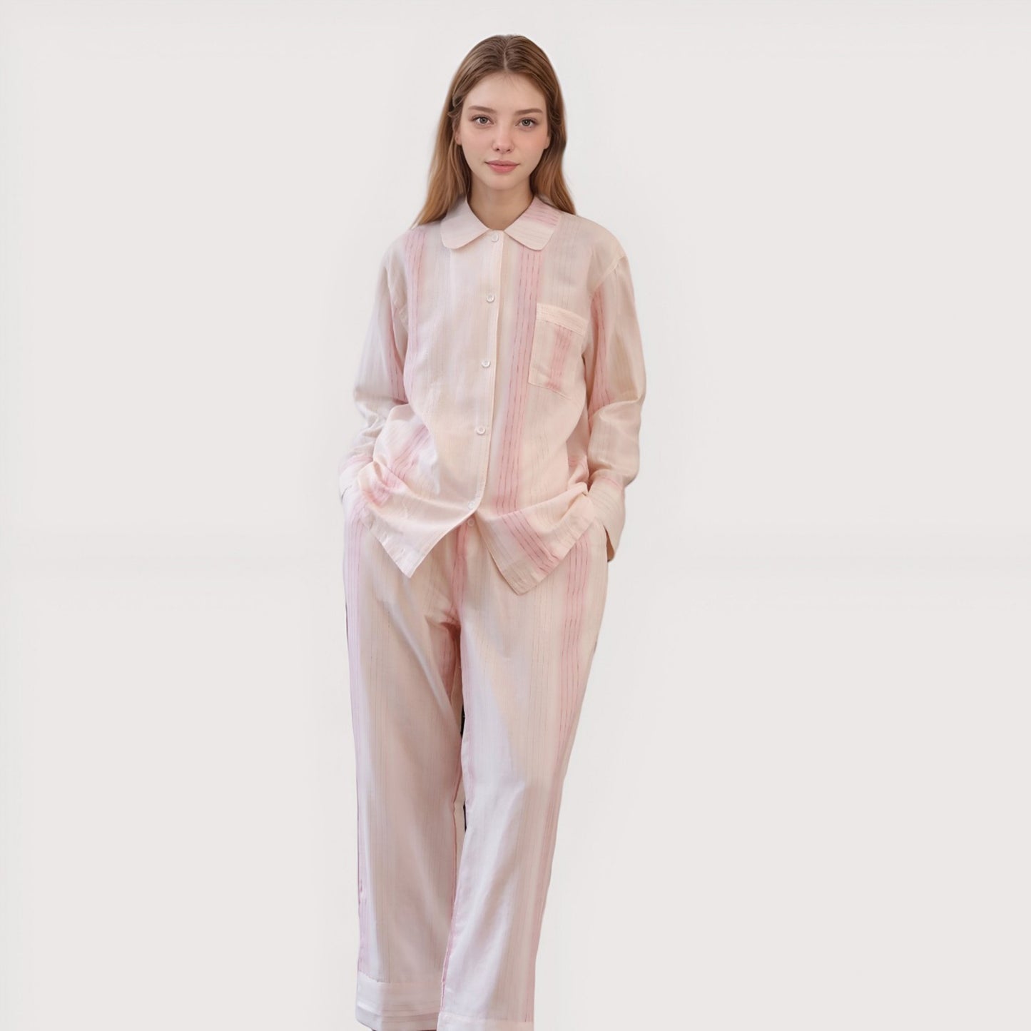 Anna-Kaci Lounge Women's Striped Woven Pajama Set with Collared Long Sleeve Top and Cuffed Wide Leg Pants