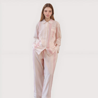 Anna-Kaci Lounge Women's Striped Woven Pajama Set with Collared Long Sleeve Top and Cuffed Wide Leg Pants