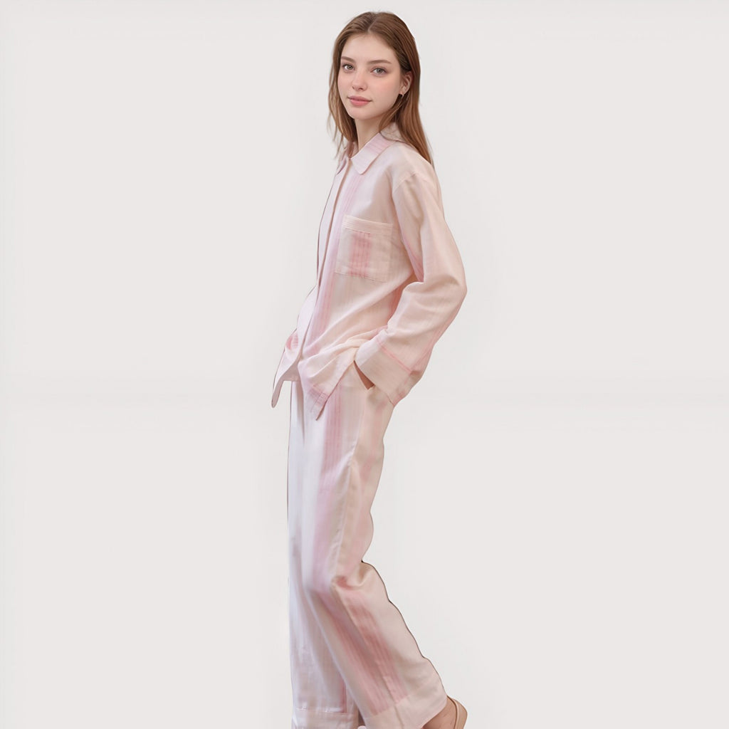 Anna-Kaci Lounge Women's Striped Woven Pajama Set with Collared Long Sleeve Top and Cuffed Wide Leg Pants
