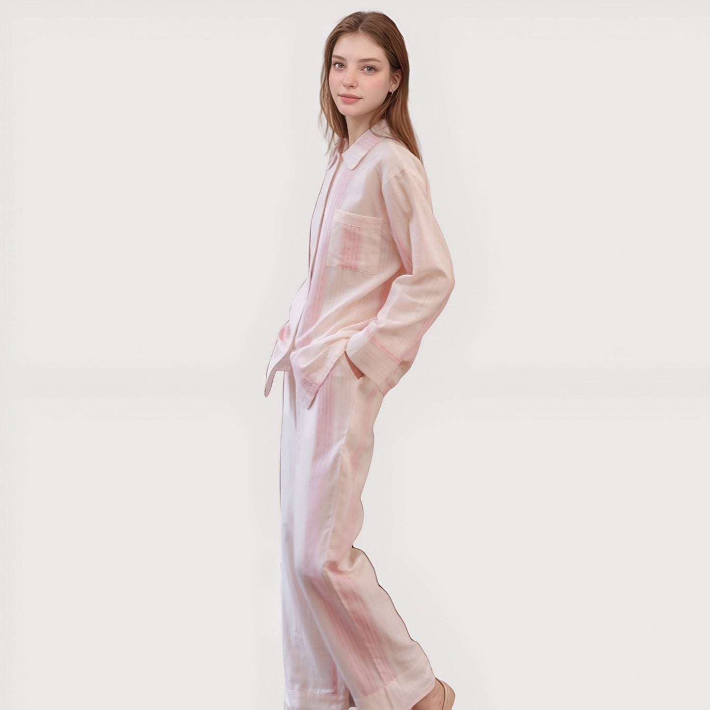 Anna-Kaci Lounge Women's Striped Woven Pajama Set with Collared Long Sleeve Top and Cuffed Wide Leg Pants