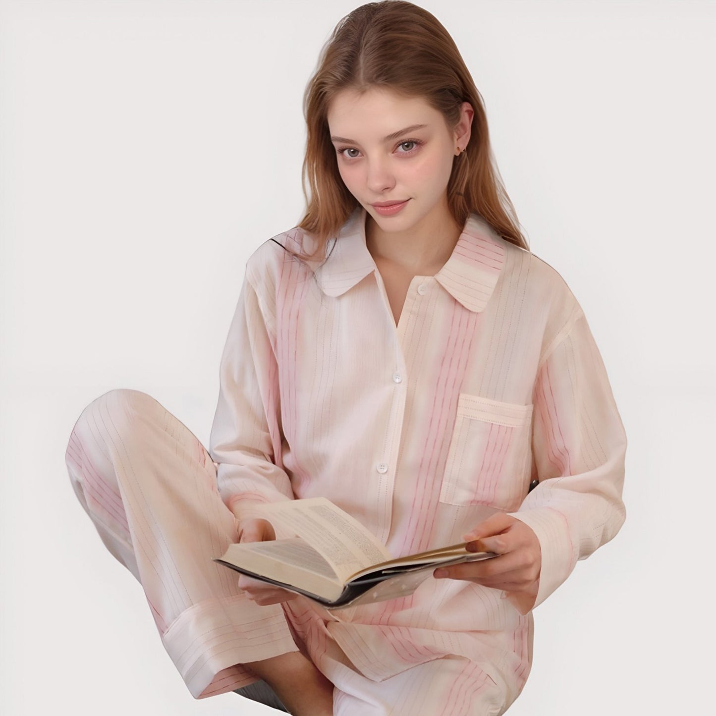 Anna-Kaci Lounge Women's Striped Woven Pajama Set with Collared Long Sleeve Top and Cuffed Wide Leg Pants