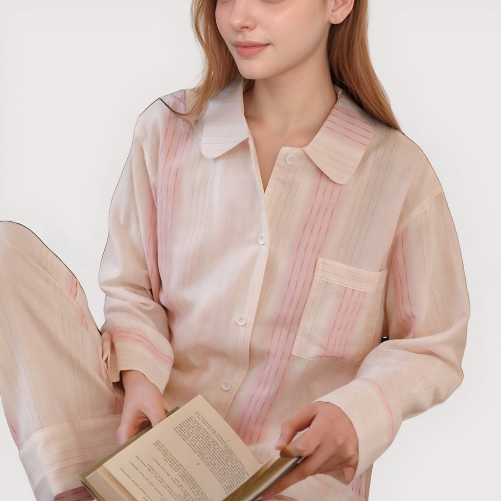 Anna-Kaci Lounge Women's Striped Woven Pajama Set with Collared Long Sleeve Top and Cuffed Wide Leg Pants