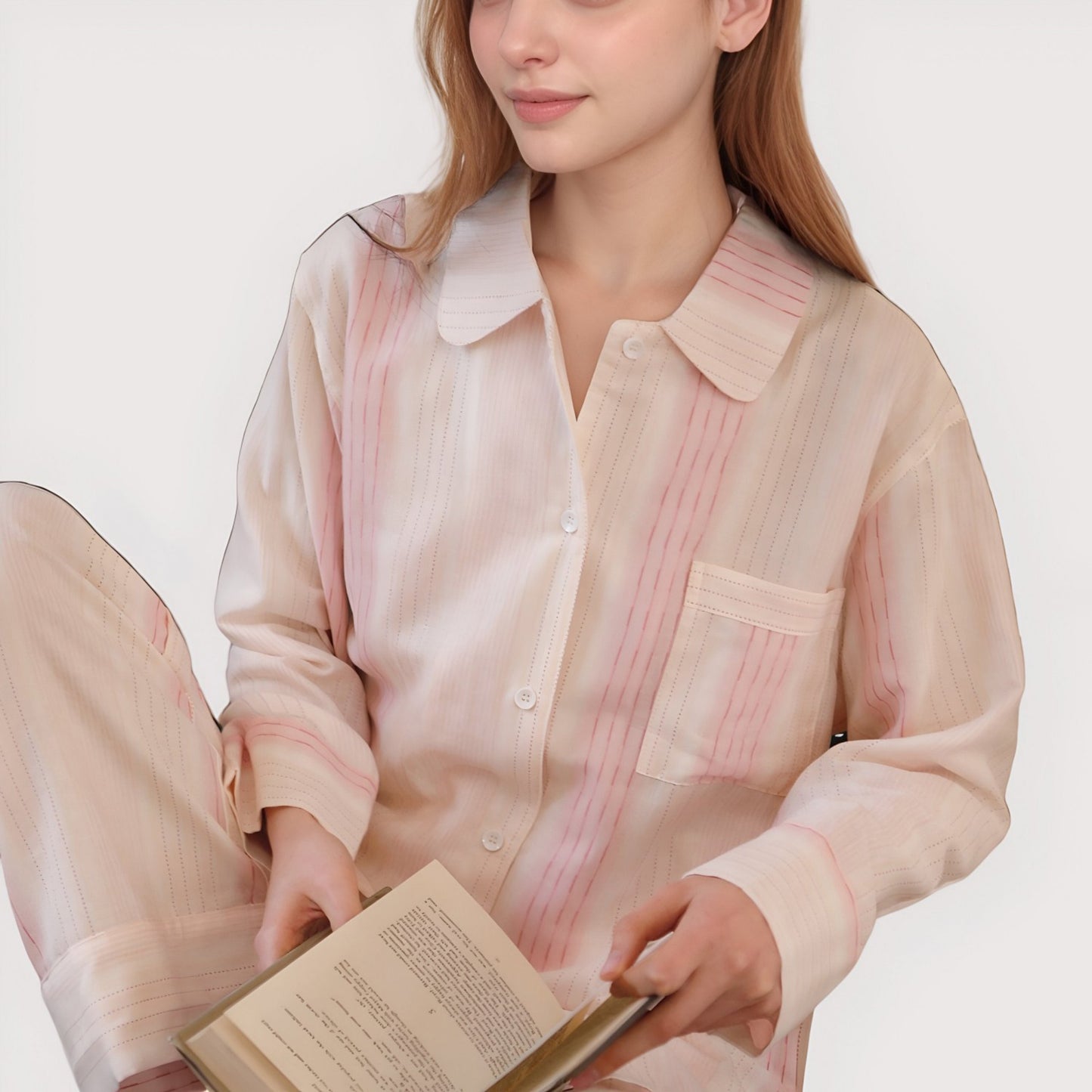 Anna-Kaci Lounge Women's Striped Woven Pajama Set with Collared Long Sleeve Top and Cuffed Wide Leg Pants