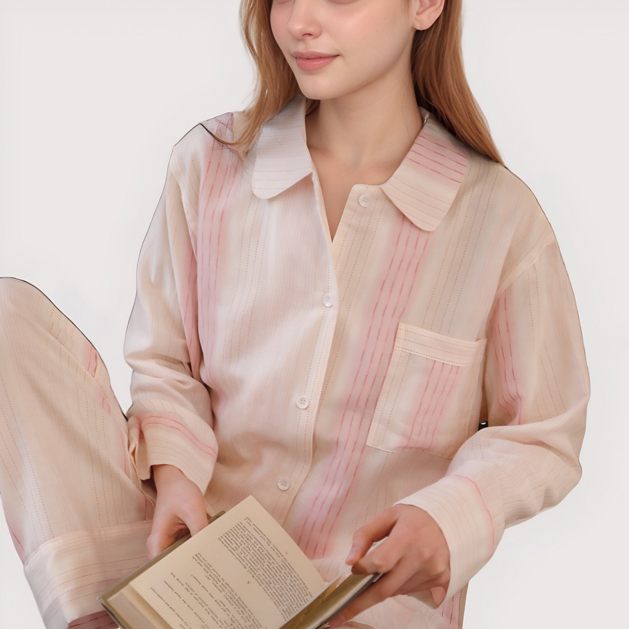 Anna-Kaci Lounge Women's Striped Woven Pajama Set with Collared Long Sleeve Top and Cuffed Wide Leg Pants