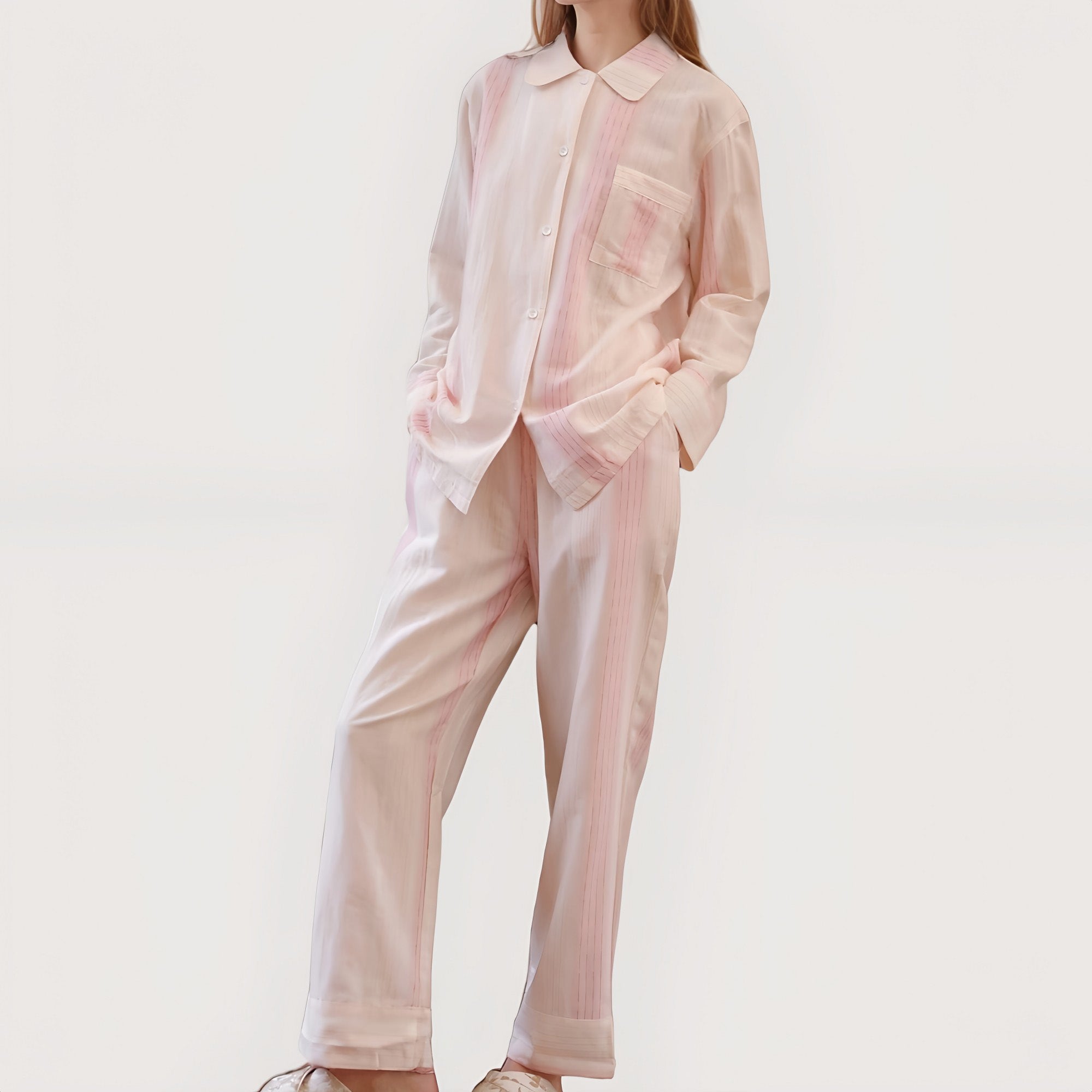 Anna-Kaci Lounge Women's Striped Woven Pajama Set with Collared Long Sleeve Top and Cuffed Wide Leg Pants