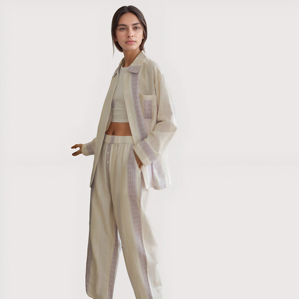 Anna-Kaci Lounge Women's Striped Woven Pajama Set with Collared Long Sleeve Top and Cuffed Wide Leg Pants