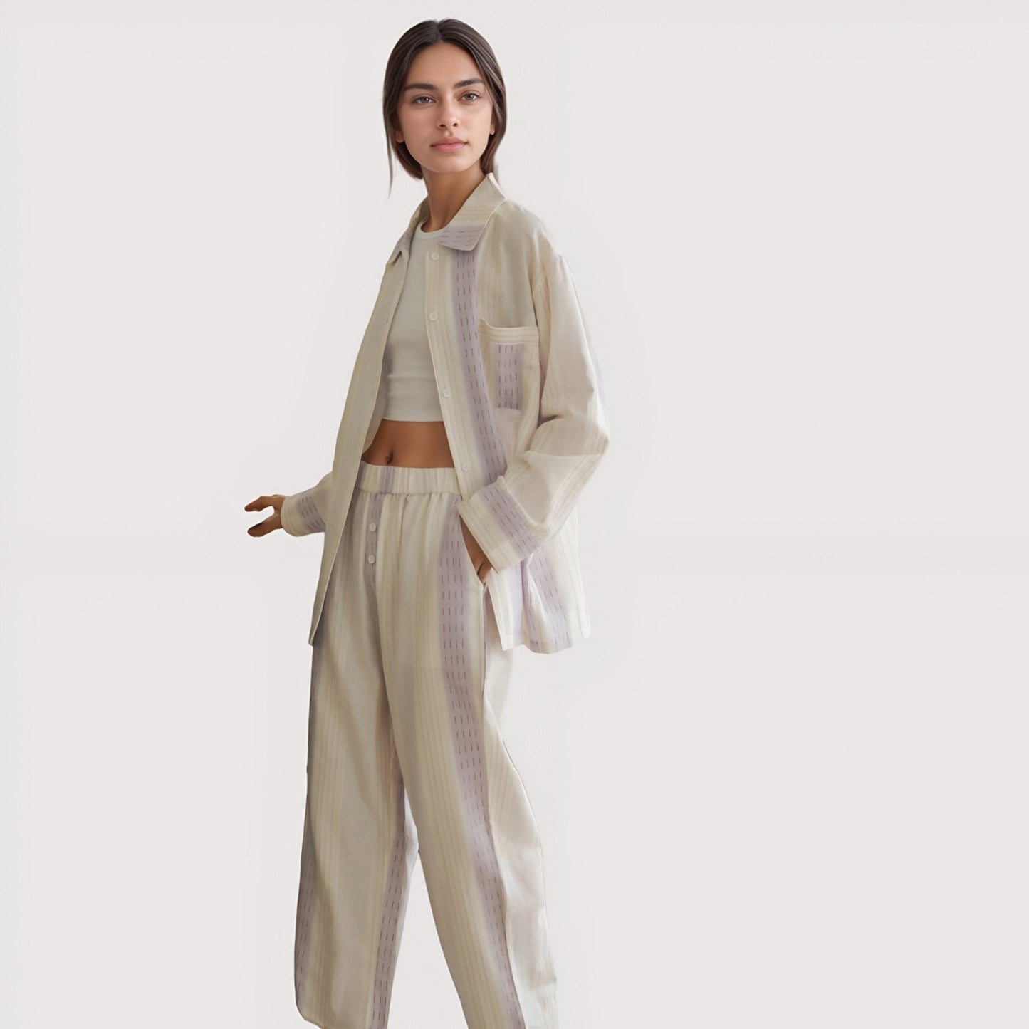 Anna-Kaci Lounge Women's Striped Woven Pajama Set with Collared Long Sleeve Top and Cuffed Wide Leg Pants
