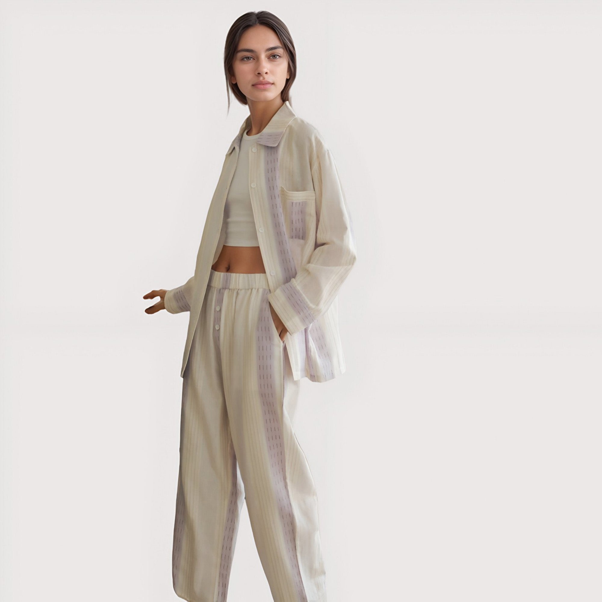 Anna-Kaci Lounge Women's Striped Woven Pajama Set with Collared Long Sleeve Top and Cuffed Wide Leg Pants