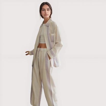 Anna-Kaci Lounge Women's Striped Woven Pajama Set with Collared Long Sleeve Top and Cuffed Wide Leg Pants