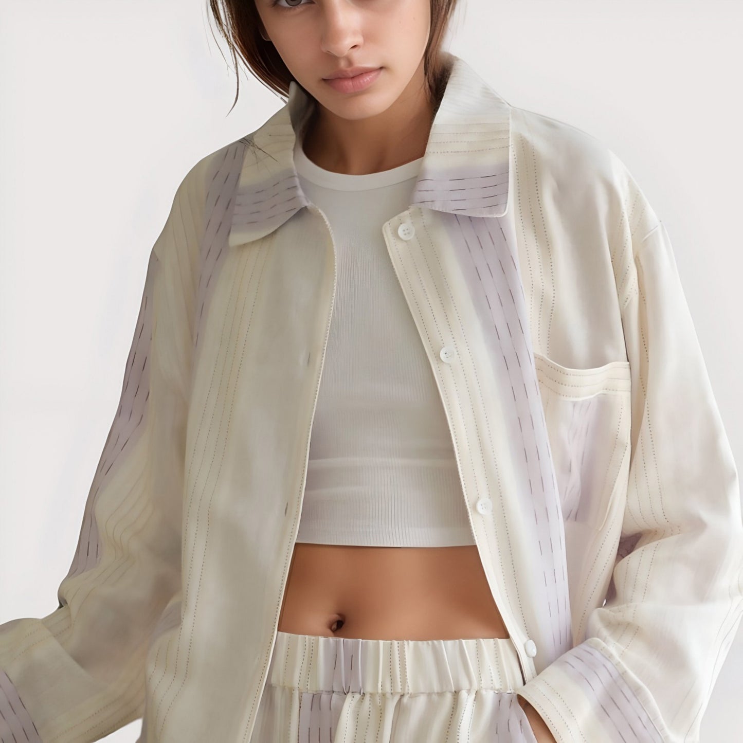 Anna-Kaci Lounge Women's Striped Woven Pajama Set with Collared Long Sleeve Top and Cuffed Wide Leg Pants