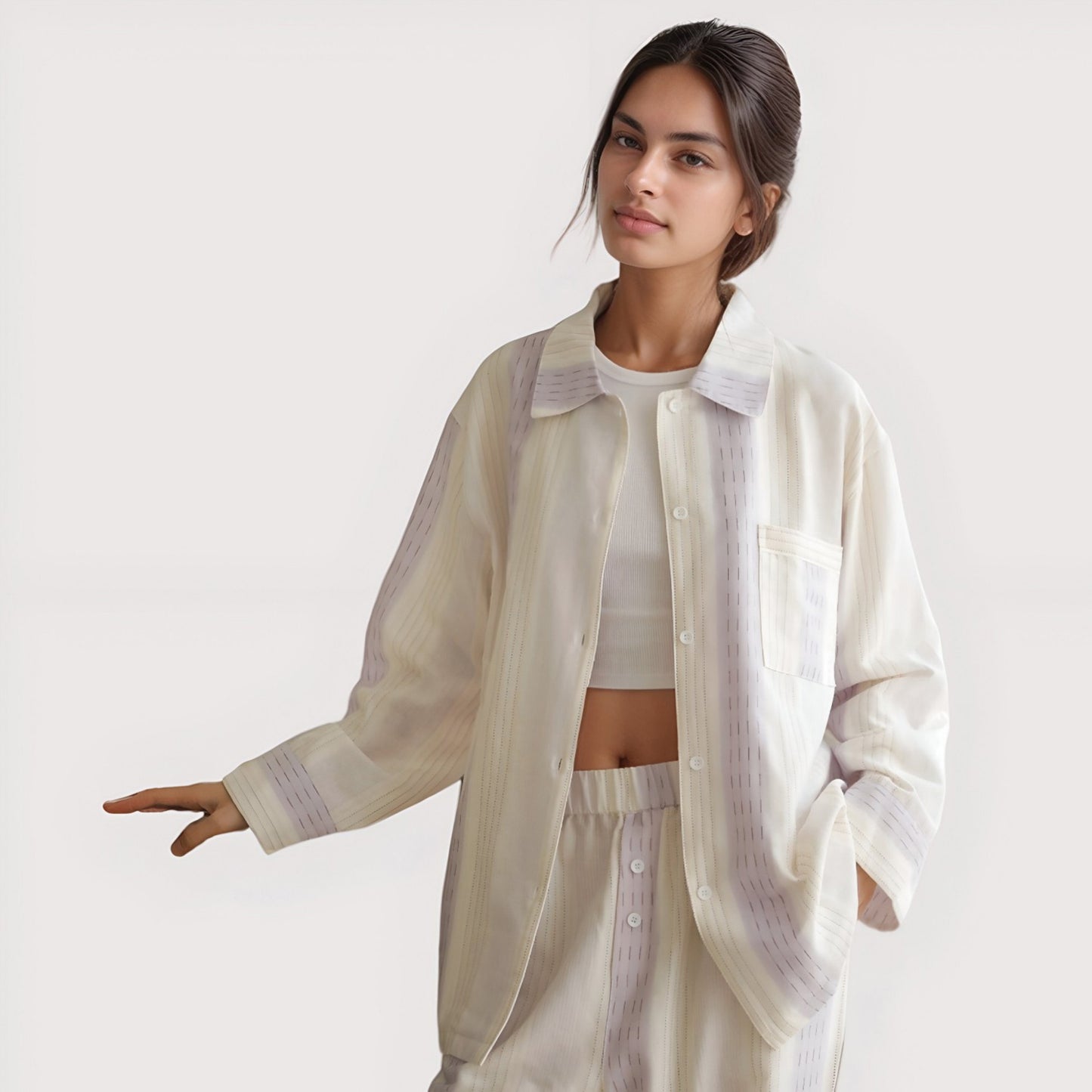 Anna-Kaci Lounge Women's Striped Woven Pajama Set with Collared Long Sleeve Top and Cuffed Wide Leg Pants