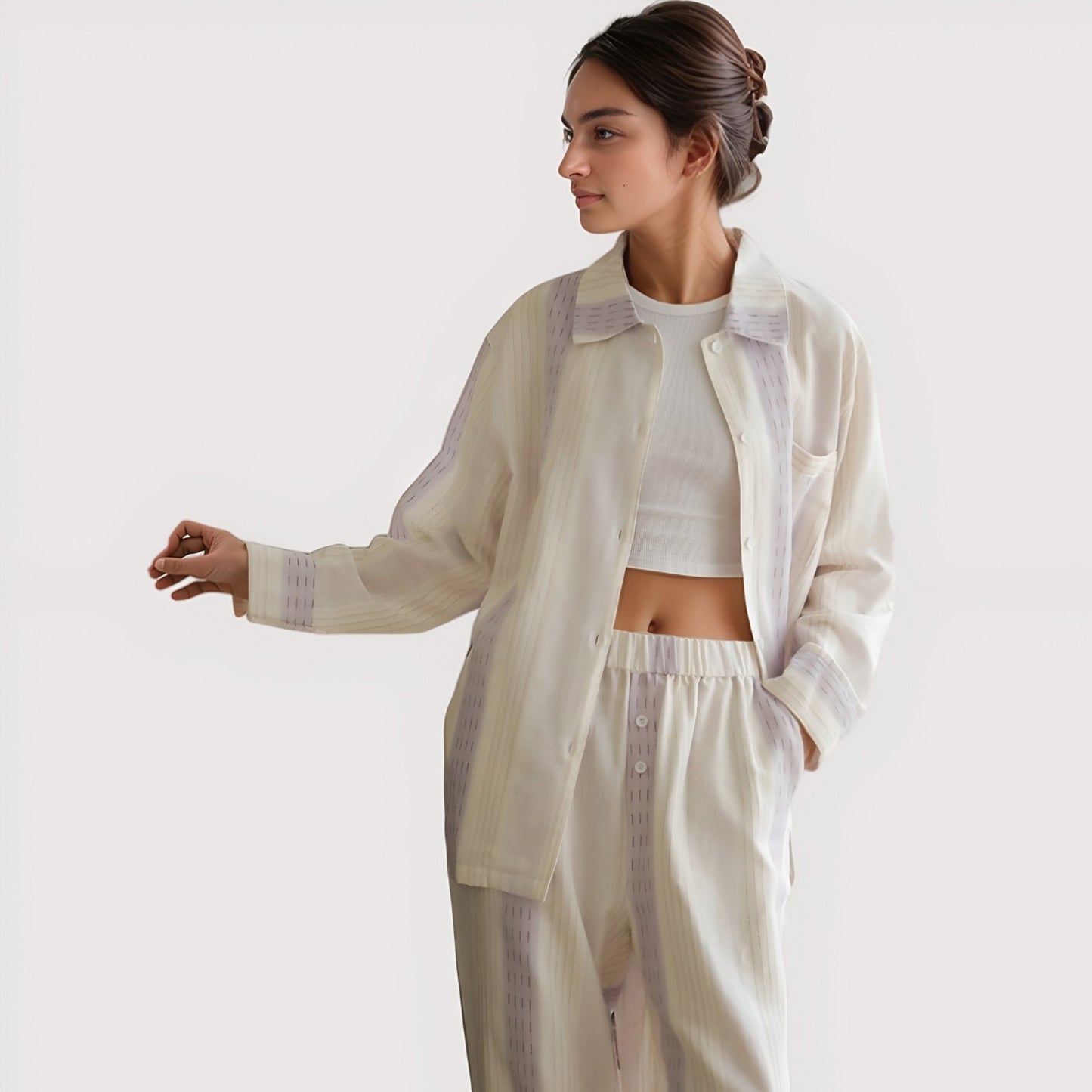 Anna-Kaci Lounge Women's Striped Woven Pajama Set with Collared Long Sleeve Top and Cuffed Wide Leg Pants