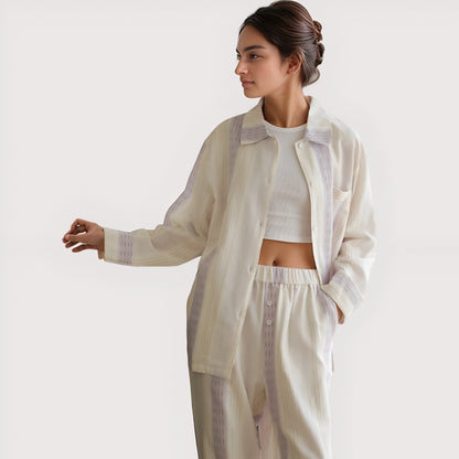 Anna-Kaci Lounge Women's Striped Woven Pajama Set with Collared Long Sleeve Top and Cuffed Wide Leg Pants