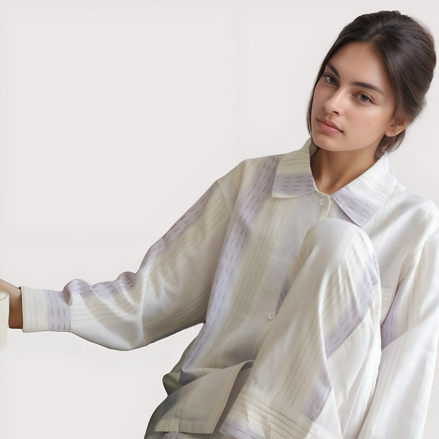 Anna-Kaci Lounge Women's Striped Woven Pajama Set with Collared Long Sleeve Top and Cuffed Wide Leg Pants