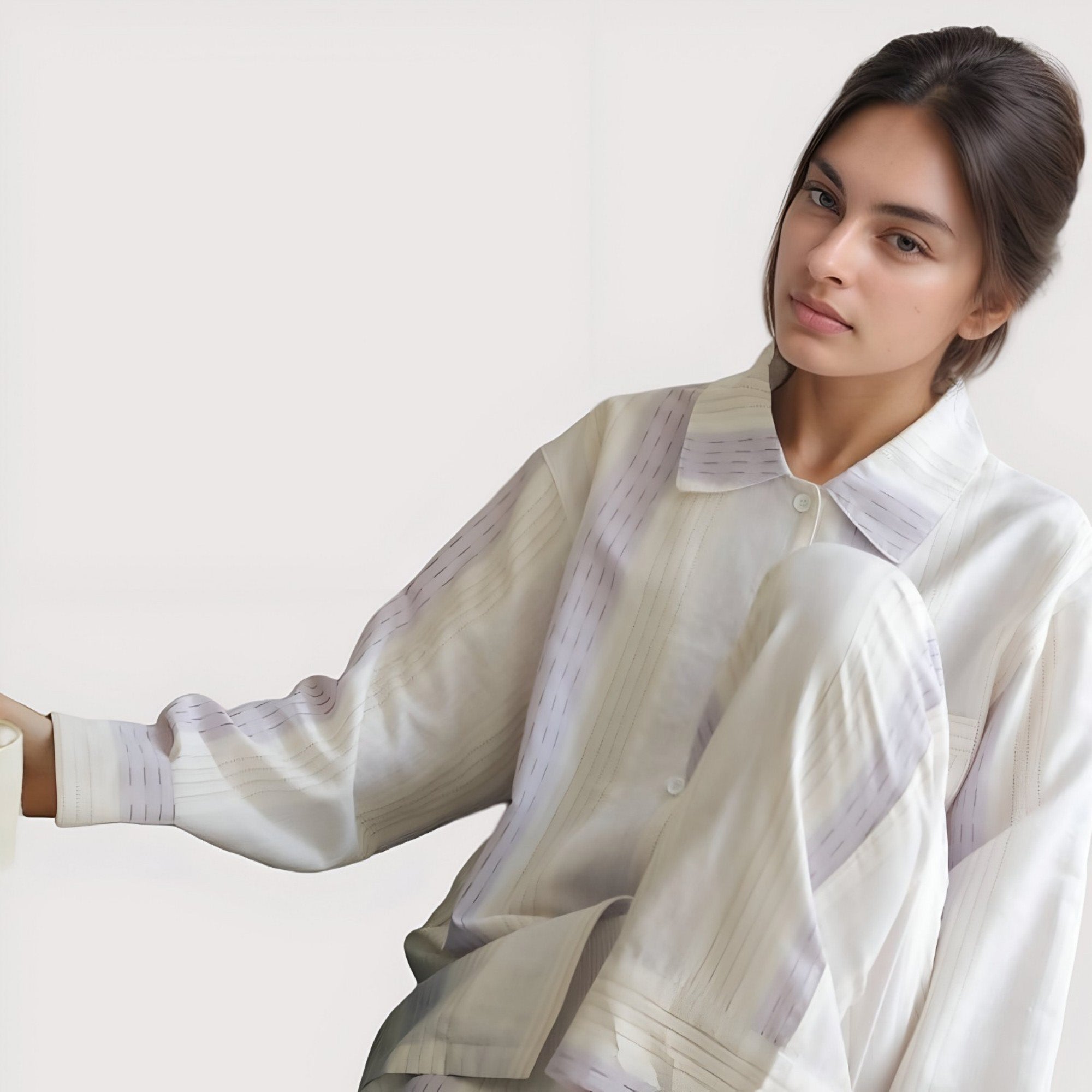 Anna-Kaci Lounge Women's Striped Woven Pajama Set with Collared Long Sleeve Top and Cuffed Wide Leg Pants