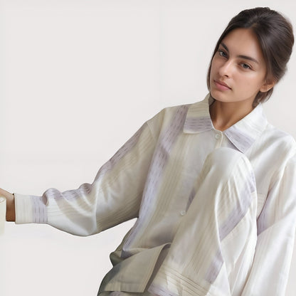 Anna-Kaci Lounge Women's Striped Woven Pajama Set with Collared Long Sleeve Top and Cuffed Wide Leg Pants
