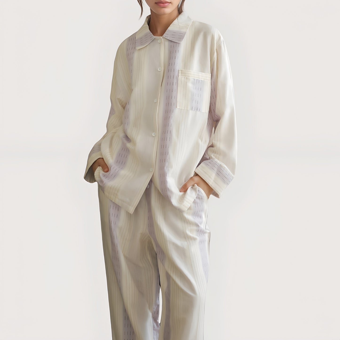 Anna-Kaci Lounge Women's Striped Woven Pajama Set with Collared Long Sleeve Top and Cuffed Wide Leg Pants