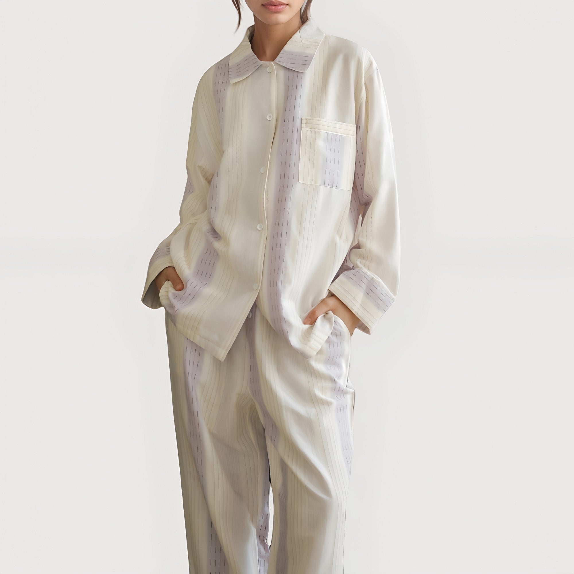 Anna-Kaci Lounge Women's Striped Woven Pajama Set with Collared Long Sleeve Top and Cuffed Wide Leg Pants